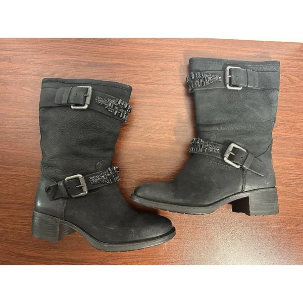 Vera Wang Lavender Label Uma Embellished Black Leather Moto Biker Boots Sz 7.5 - Image 9