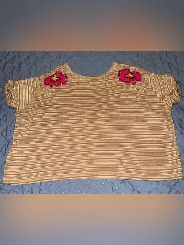 Free People Beige Striped Crop Top with Neon Floral Embroidery-mushroom combo - Image 5