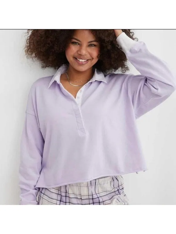 Aerie Lavender Long Sleeve Collared Top – Size L - Image 2