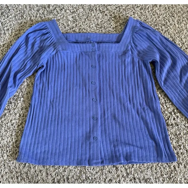 Loft Women's Purple Ribbed Button Down Square‎ Neckline Top Size Petite Small - Image 2