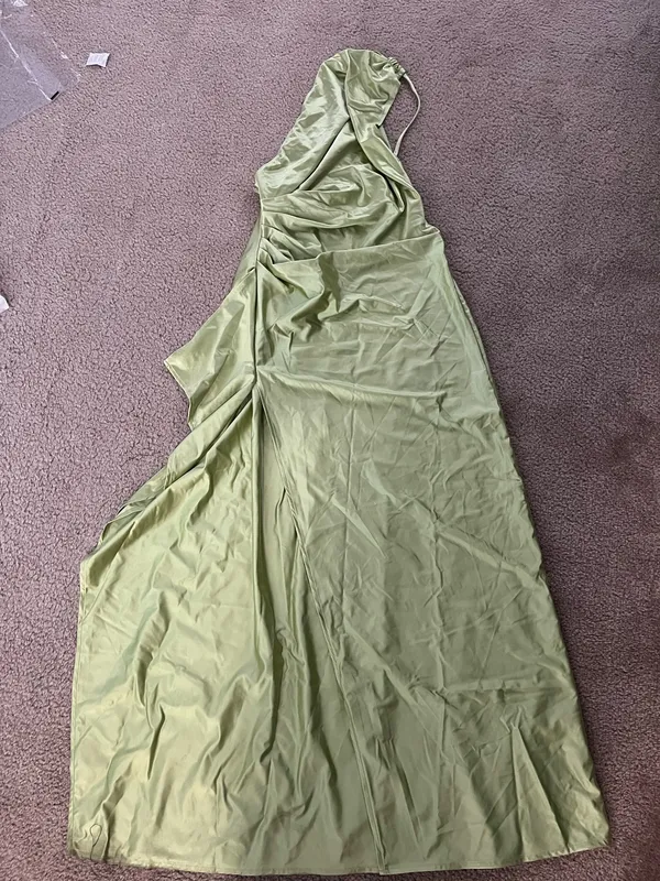 One Shoulder Satin Dress Green - Image 2