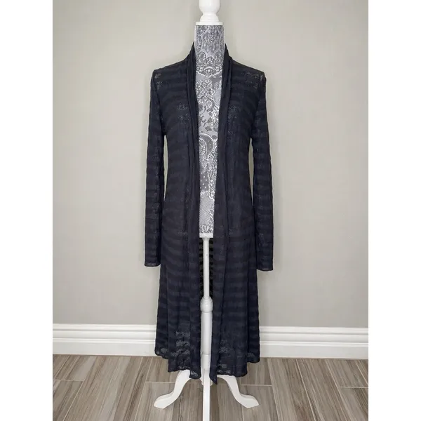 FREE PEOPLE Black Navy Striped Sweater Maxi Cardigan Duster 100% Cotton XS - Image 3