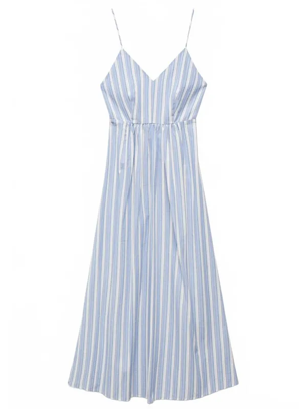 Mango 100% Cotton Cut-Out Back Striped Dress Sky Blue Stripe NWT Size XXL / 12 - Image 6