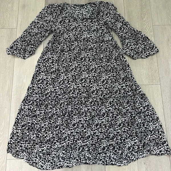 Zara white black midi ruffle floral dresss size medium boho‎ relaxed fit flowy - Image 5