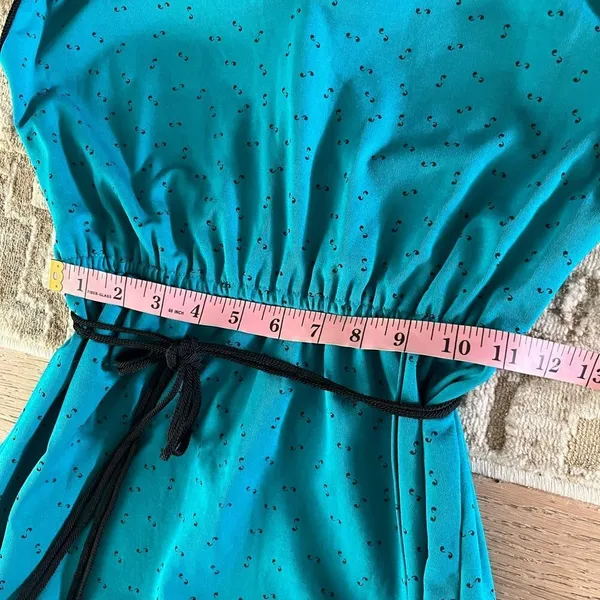 Vintage 70s Teal Mod Dress Abstract Print Cinched Waist Small - Image 7