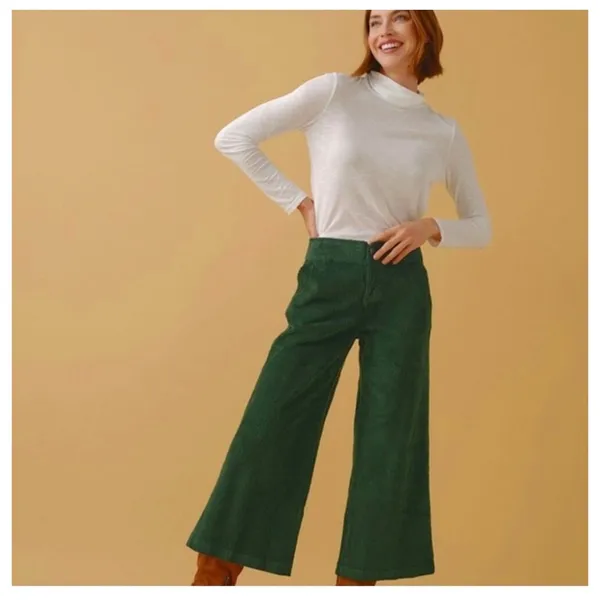 Pact Organic Cotton Corduroy Wide Leg Cropped Pants Size Small Green - Image 3