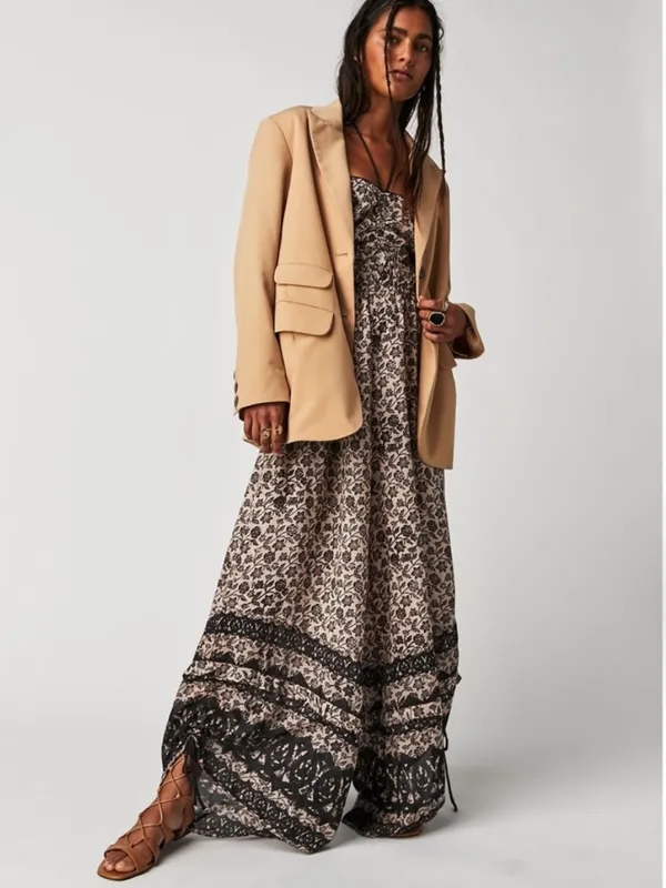 Free People Forever Timeless Soulmate Cut Out Boho Brown Jumpsuit S - Image 2