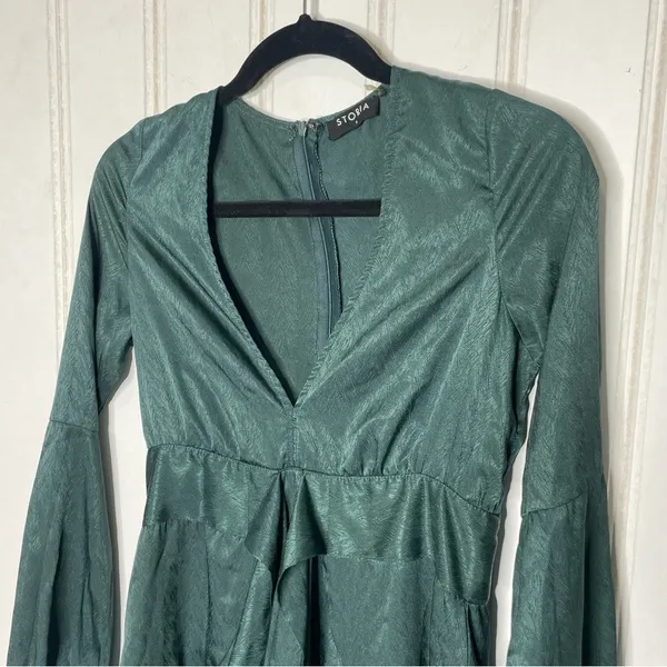 Storia Emerald Green Jacquard V-Neck Ruffle Mini Dress Small 857 - Image 5