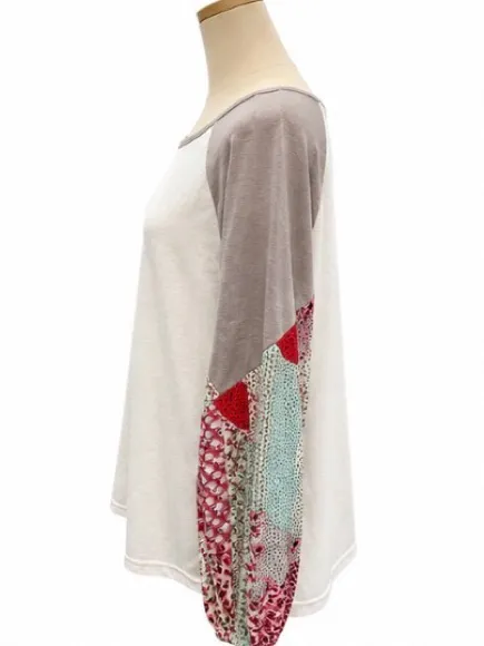 Easel Mixed Media Raglan Top Boho Patchwork Sleeve White Gray Size Medium - Image 2