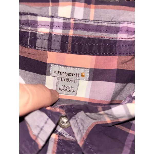 Carhartt Shirt L 3/4 Roll Tab Sleeve Pockets Button Up Plaid - Image 6