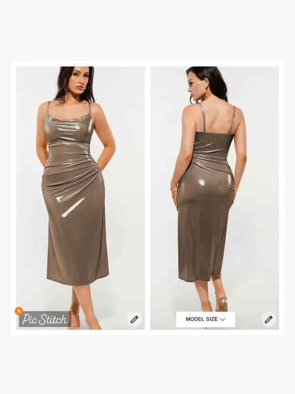 Popilush Metallic Cowl Neck Ruched Midi Dress Bronze - Image 2