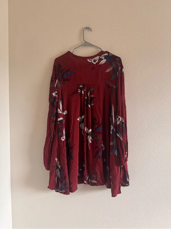Free People Wine Floral Tie-Neck Tunic - Image 3