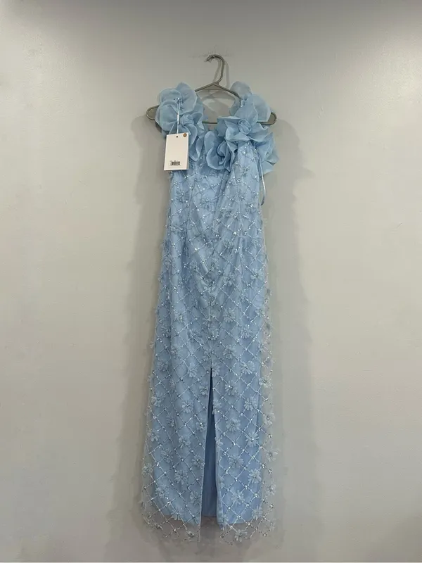 Mac Duggal 21363 Blue Off The Shoulder Embellished Dress With 3D Flower Sz 8 - Image 5