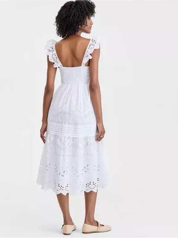 On 34th White Cotton Poplin Eyelet Pintucked Midi Dress Size Small - Image 2