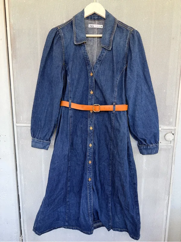 Zara Dark wester Blue Denim Midi Shirt Dress with Brown Belt - Image 10