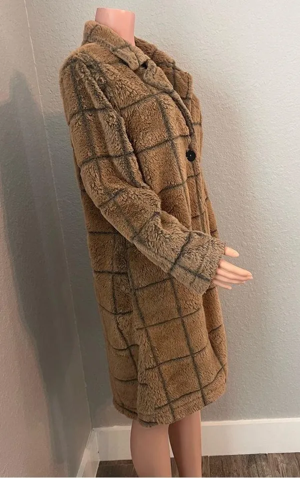 Fair Haven Plush Faux Fur Winter Sweater Coat Size Large Checkered plaid brown - Image 3