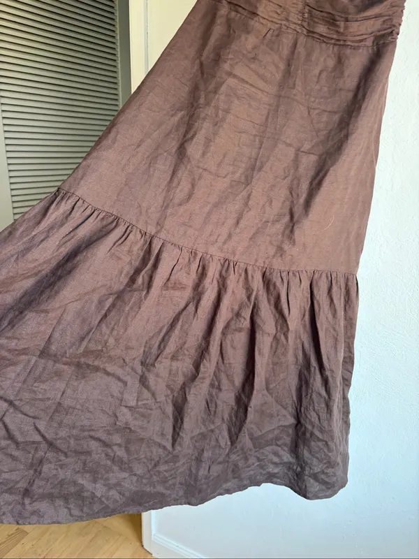 Dishh Harrier Linen Dress Womens 8 Dark Chocolate Brown Halter Midi Tiered - Image 5
