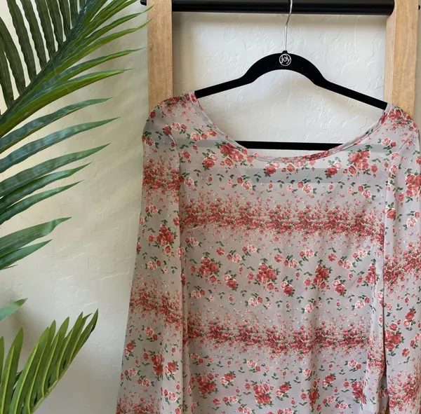 Lovely Day Floral Slightly Sheer Boho Long Sleeve Lace Up Back Top Blouse - Image 2