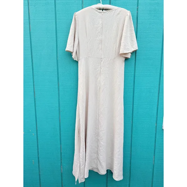 SHEIN Beige Twist Front Flutter‎ Sleeve V-Neck Maxi Dress Side Slit Size Large - Image 4