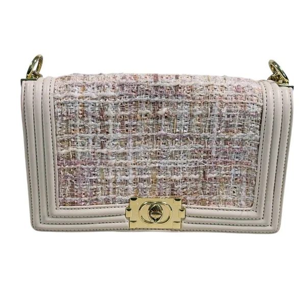 Tweed Boy Chain Shoulder Bag Purse Cream Pink Gold Preppy Old Money Coquette - Image 2