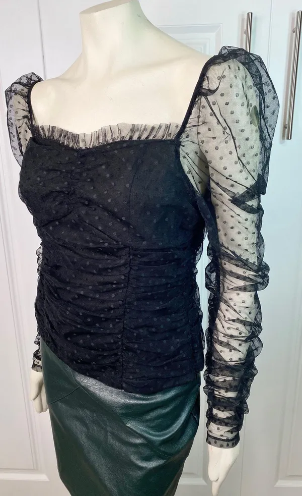 VICI Benefit Polka Dot Ruched Gathered Sleeve Mesh Tulle Top by Free the Roses - Image 17