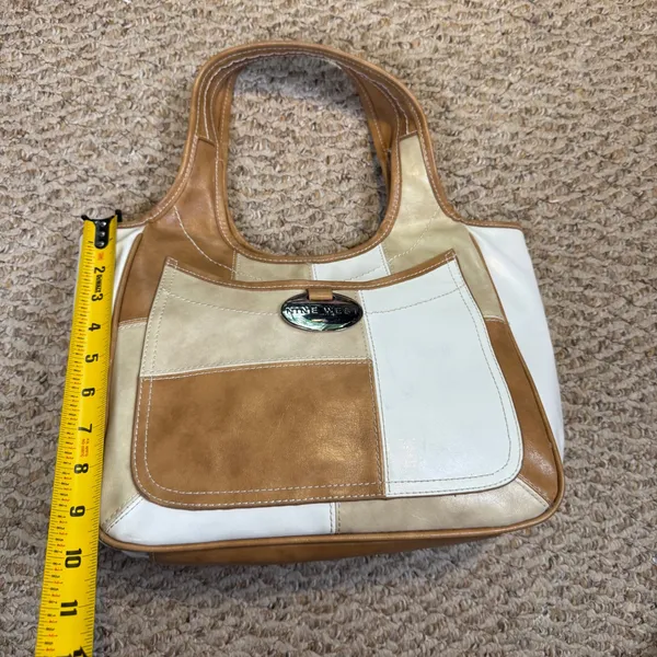 VTG Nine West Patchwork Hobo Shoulder Bag Tan Cream White Faux Leather Neutral - Image 7