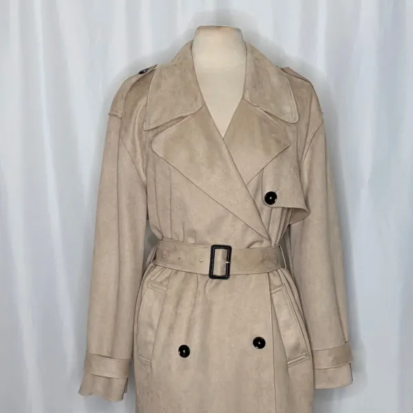 ZARA Faux Suede Trench Coat Belted Jacket Solid Tan Brown Pockets Outdoors Large - Image 3