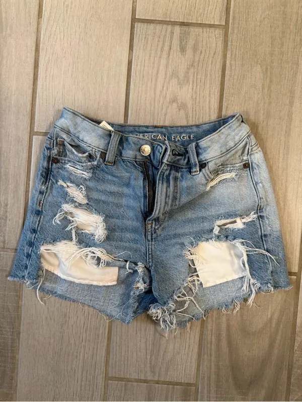 American Eagle Outfitters Distressed Light Blue High-Rise Denim Shorts - Image 2