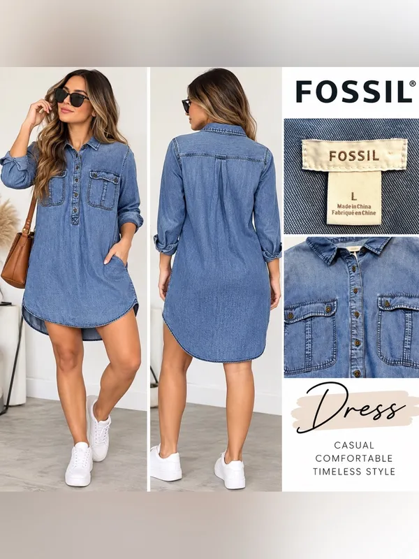 Fossil Blue Denim Shirt Dress size L - Image 2