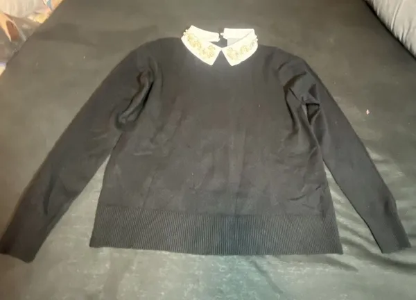 LIV Milano Black Pullover Sweater with Beaded and Pearl Embellished Collar - Image 2