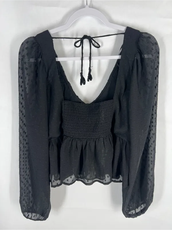 Anthropologie Black Sheer Peplum Blouse Size L Swiss Dot Long Sleeve - Image 10