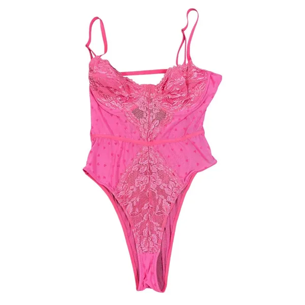 Pink Lace Teddy Bodysuit Womens Large Heart Print Sheer Mesh Underwire Lingerie - Image 6