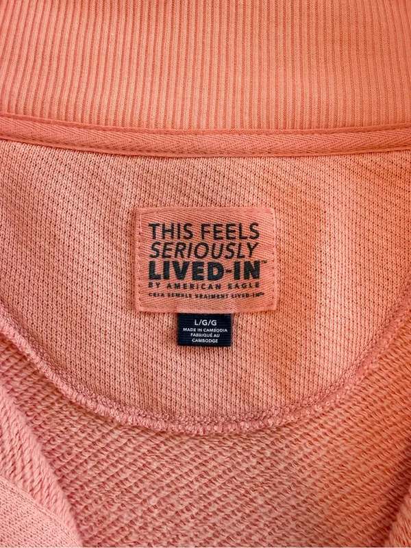 American Eagle Seriously Lived in Peach Coral V Neck Oversized Pullover Sweatshirt w Pockets - Image 3