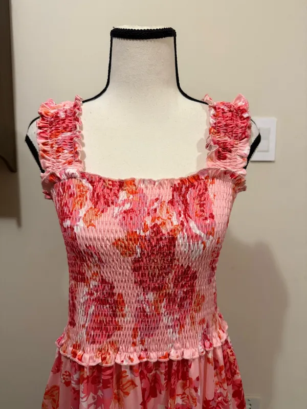 Deep self | Floral Pink Smocked Romper with Ruffle Straps - Image 9