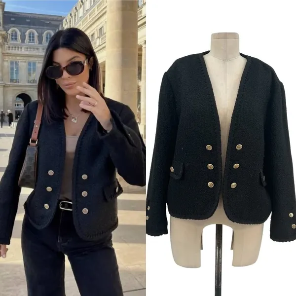 Zara Jacket Button Textured Tweed Gold‎ Button Open Cropped Black Blazer XXL - Image 2