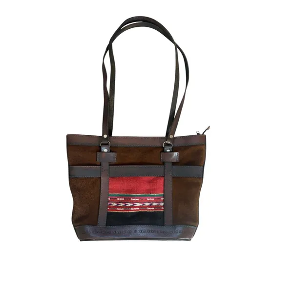 Leather Suede Tote Bag Bolivia Made Woven Boho Chic Aztec Red Brown - Image 2