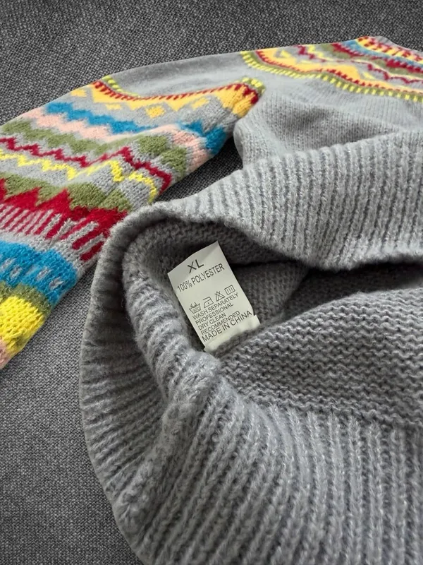 Women’s XL Gray Multicolor Fair Isle Knit Pullover Sweater - Image 4