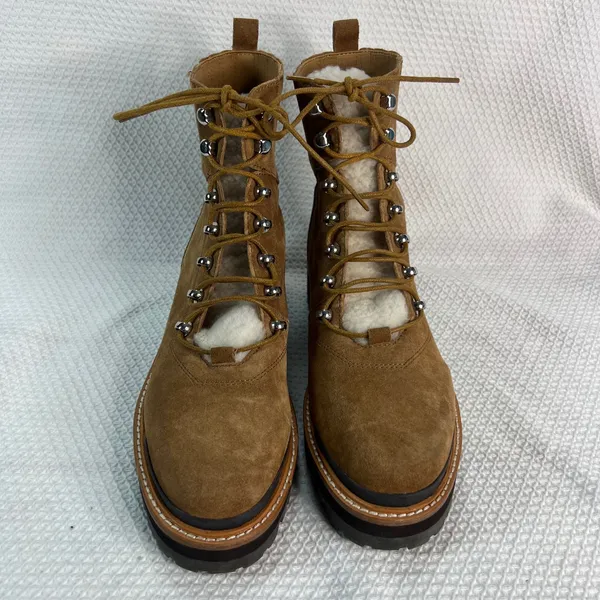 Marc‎ Fisher LTD Izzie Tan Suede Shearling Lace Up Combat Lug Sole Boots 9.5M - Image 2