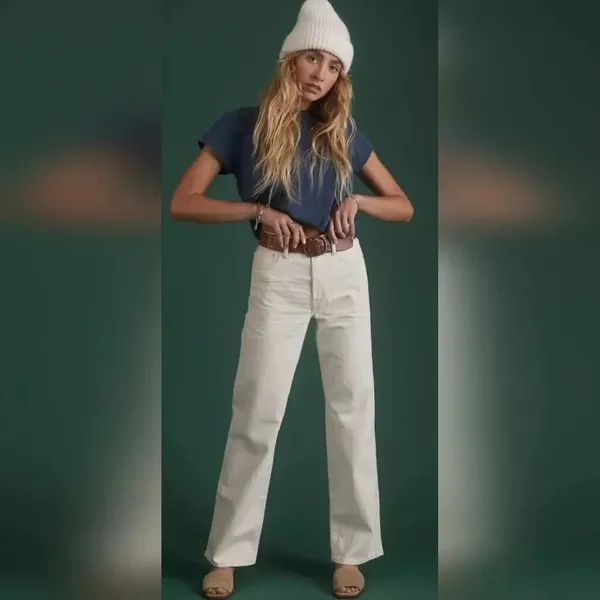 AE77 Stovepipe Selvedge Jeans Women 14 Regular Cream NWT Organic Cotton Straight - Image 2