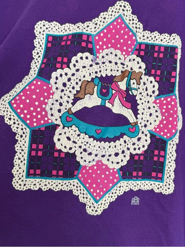 Vintage 80s Best Fruit of the Loom T Shirt Rocking Horse Adult Size XXL Purple - Image 2