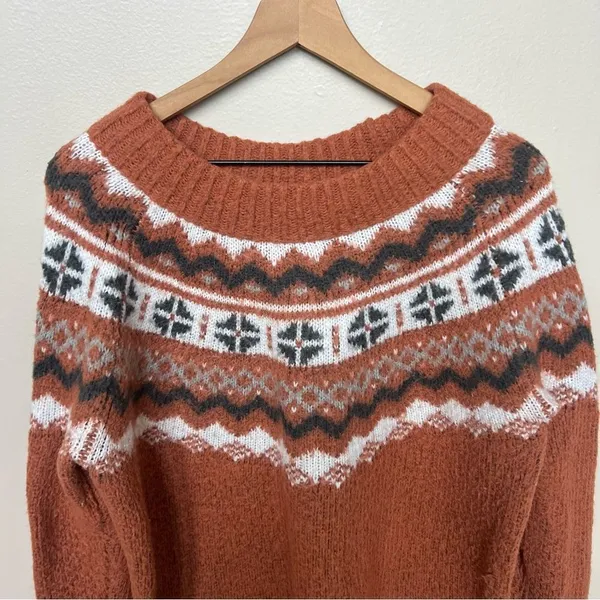 Aerie Fair Isle Knit Sweater Rust Orange Neutral Ivory Earth Cottagecore Large - Image 5