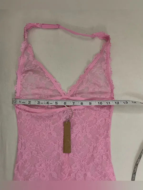 SKIMS Stretch Lace Halter Slip Chemise Dress Cotton Candy Pink Size XS - Image 5