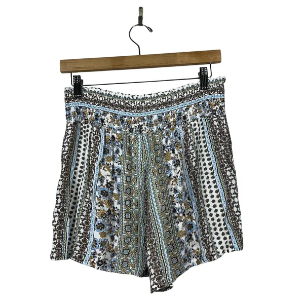 Kingston Grey Boho Floral Geometric Print Shorts Blue White Smocked Waist Size S - Image 3
