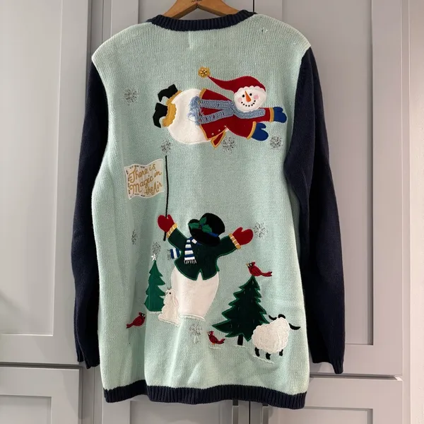 Quacker Factory Snowman Winter Cardigan Sweater‎ Appliqué Beads Colorful Large - Image 2