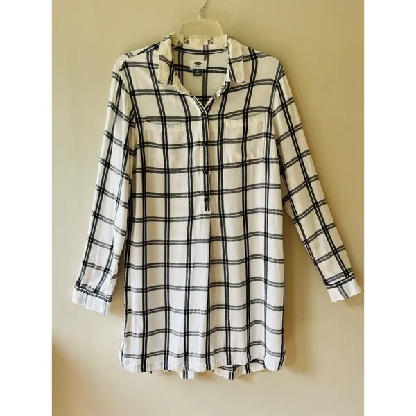 Old Navy Sz L Plaid White Black Shirt Midi Dress for Women V Neck Stretch Pocket - Image 2