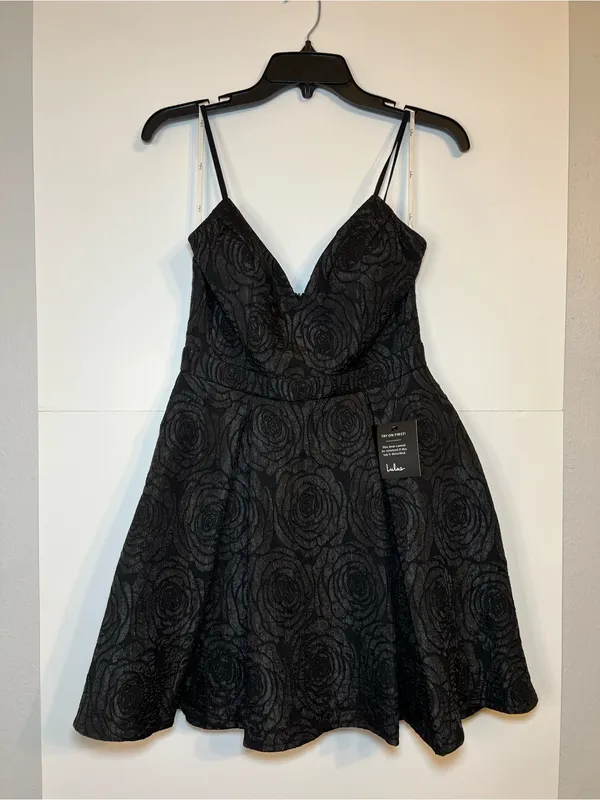 Lulus Loving is Easy Black Jacquard Pleated Skater Black‎ Mini Dress size small - Image 4
