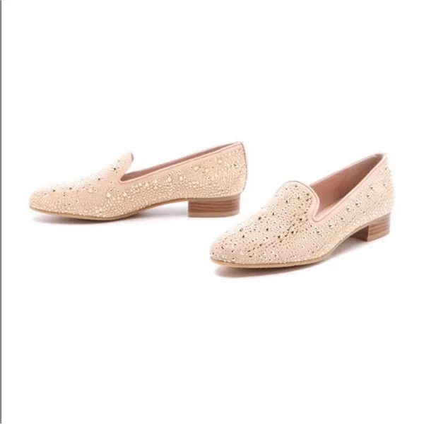 Stuart Weitzman Women Slipbeads Beige Blush Suede Gold Studded Loafer Flats‎ 8.5 - Image 10