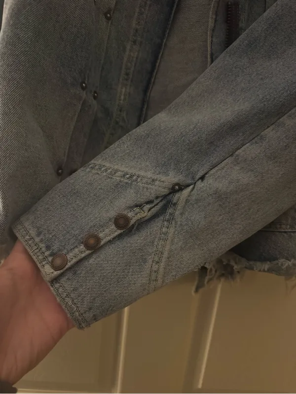 Free People Washed Light Blue Denim Jacket with Frayed Hem - Image 6