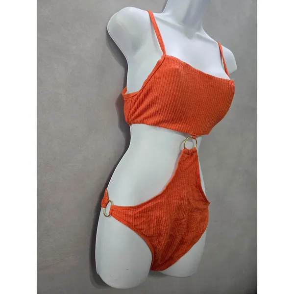 Orange One Piece Sexy Resort Beach Vacation 90s Textured Swimsuit Sexy Large - Image 3