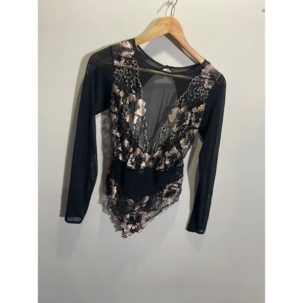 Auden Bodysuit Women Medium Black Floral Lace Mesh Long Sleeve‎ Sexy Lingerie - Image 2